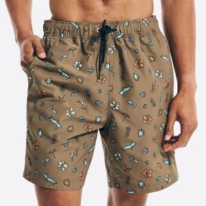 Nautica 8" Printed Olive Swim Shorts Men Large Swim Suit Trunks Board Shorts NWT